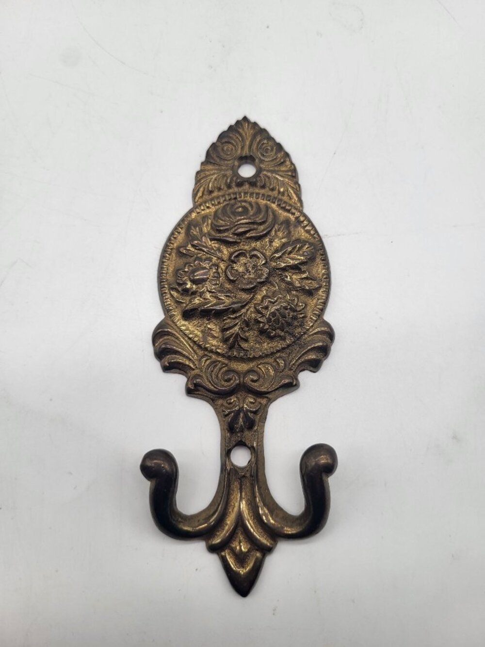 Vintage French Wall Brass Hooks Floral Rose Garment Towel Key Baroque